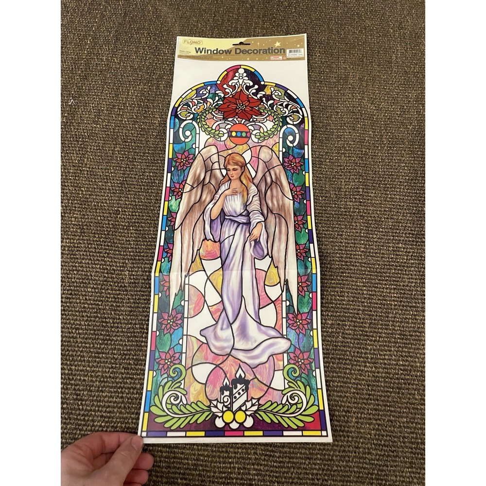 Lot Of 2 Vtg Clings Window Christmas Stained Glass Style Angel & Bear